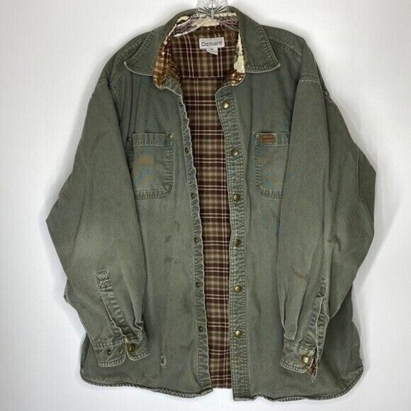 Vintage Carhartt Green Flannel Lined Snap Button Up Canvas Shirt Size XL Grunge - Picture 1 of 12